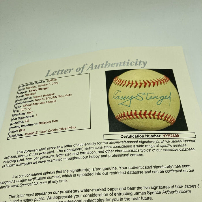 The Finest Casey Stengel Single Signed American League Baseball JSA COA