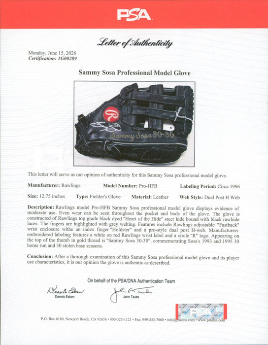 Sammy Sosa Signed 1996 Rawlings Game Used Baseball Glove PSA DNA COA