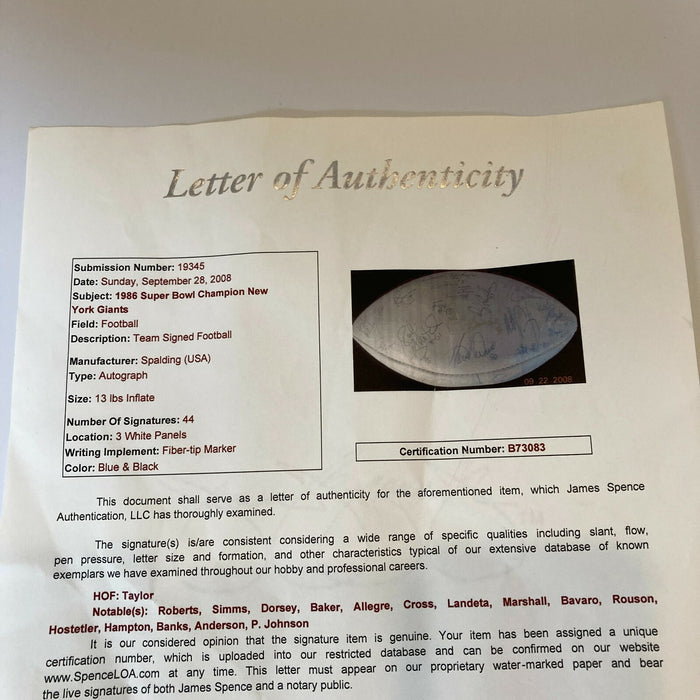 1986 New York Giants Super Bowl Champs Team Signed Football With JSA COA