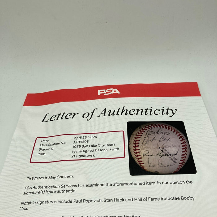 1965 Salt Lake Bears Team Signed Baseball Stan Hack Bobby Cox PSA DNA COA