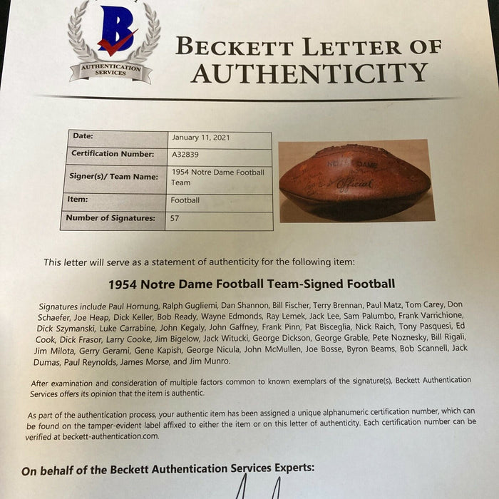 1954 Notre Dame Fighting Irish Team Signed Football With 57 Sigs Beckett COA