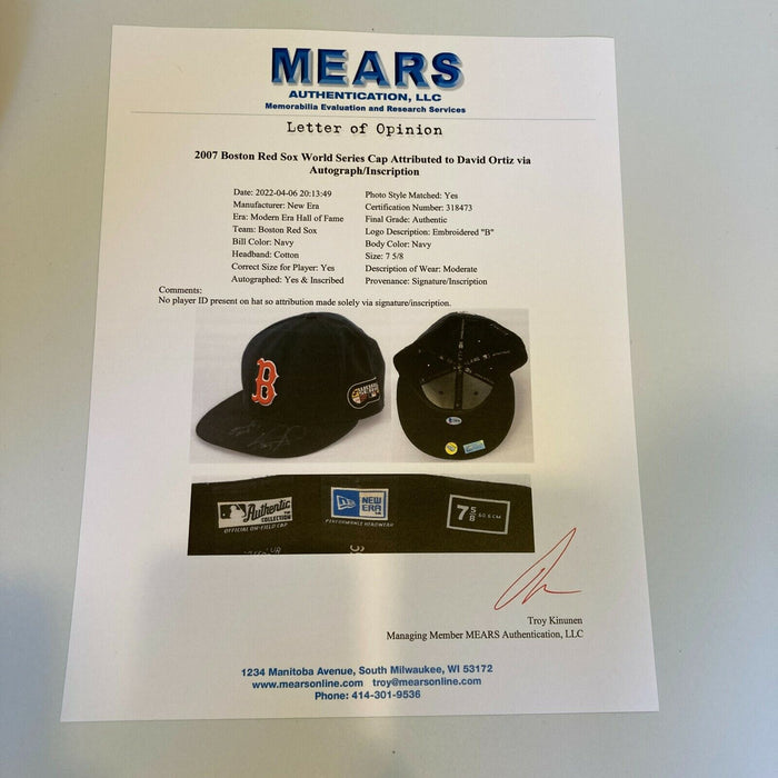 David Ortiz Signed 2007 World Series Game Used Baseball Hat MEARS & Beckett COA