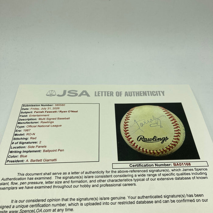 Farrah Fawcett & Ryan O'Neal Dual-Signed National League Baseball JSA COA