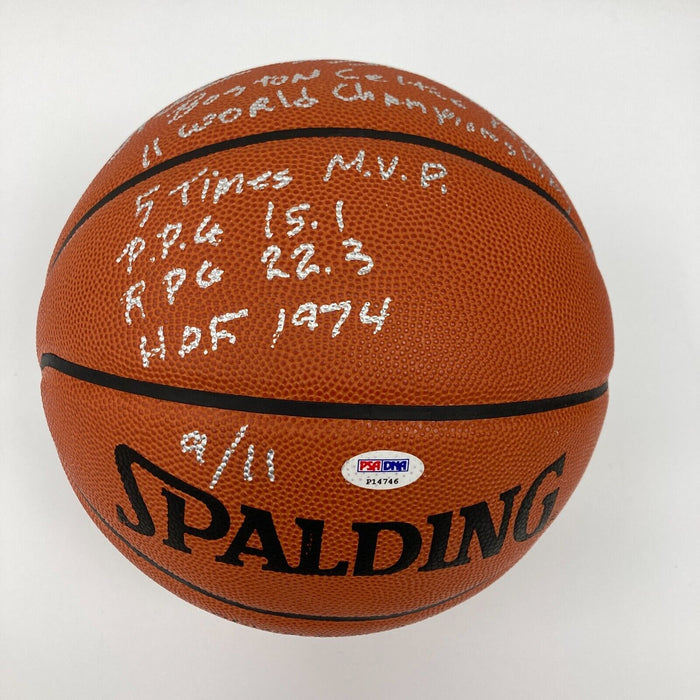 Bill Russell Full Name Signed Heavily Inscribed STAT Basketball #9/11 PSA DNA