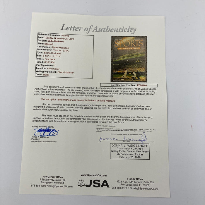Eddie Mathews Signed 1954 Sports Illustrated First Issue JSA COA