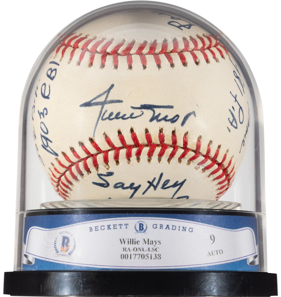 Willie Mays Signed Heavily Inscribed Career STAT Baseball Beckett MINT 9 & JSA