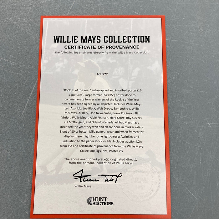 Willie Mays Rookies Of The Year Signed 24x35 Poster Photo JSA COA