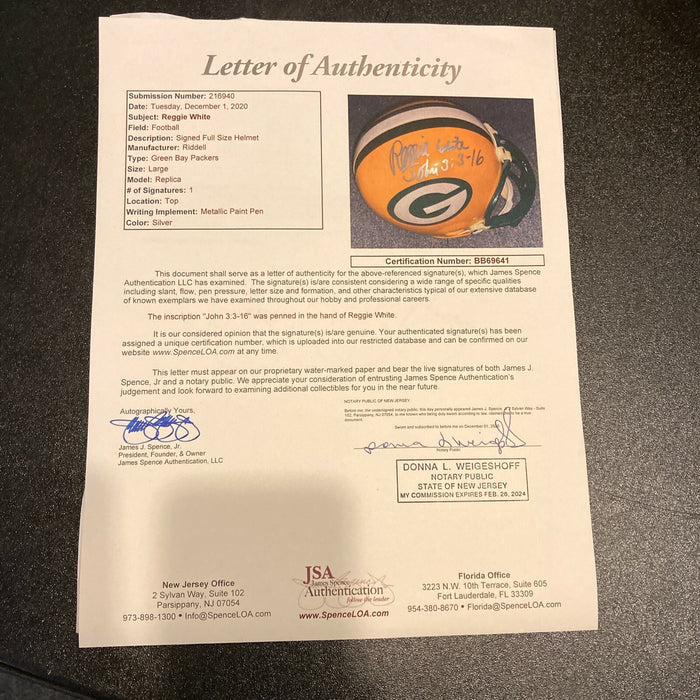 Reggie White Signed Full Size Riddell Green bay Packers Helmet JSA COA Auto