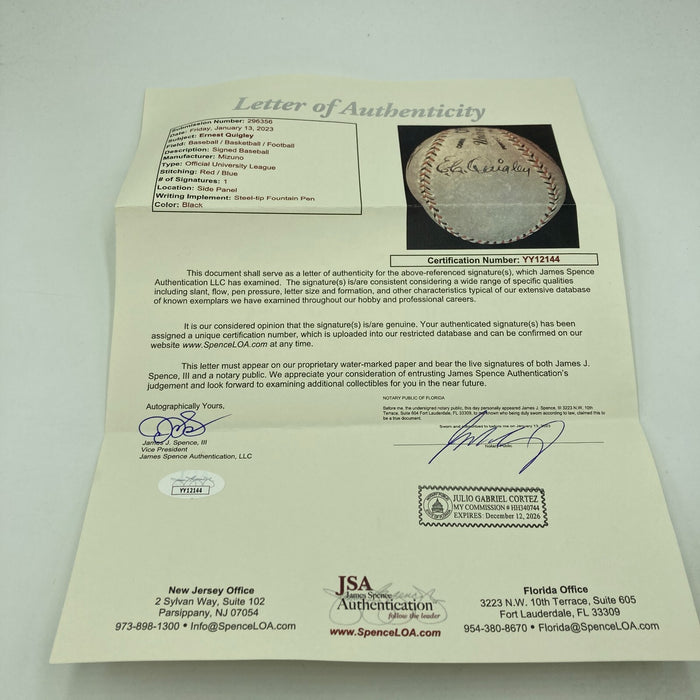 Ernest C. Quigley Single Signed 1928 Tour Of Japan Baseball JSA COA RARE