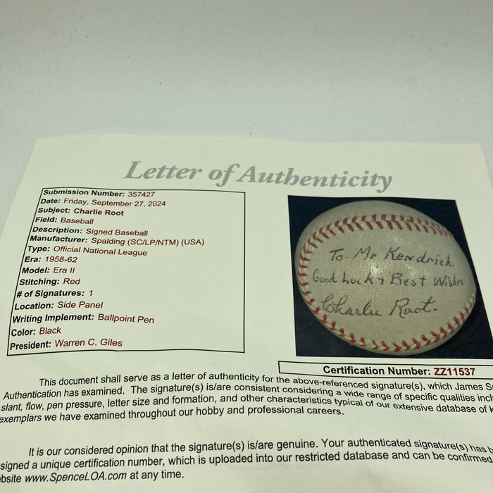 Charlie Root Single Signed Baseball JSA COA Babe Ruth World Series Called Shot