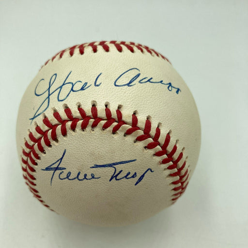 Beautiful Willie Mays & Hank Aaron Signed National League Baseball JSA COA