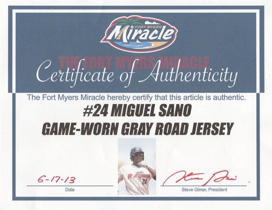 2013 Miguel Sano Pre Rookie Game Used Fort Myers Miracles Twins Jersey Team COA
