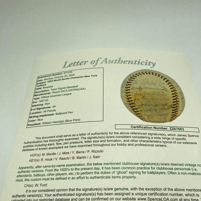 1953 New York Yankees World Series Champs Team Signed Baseball Mickey Mantle JSA