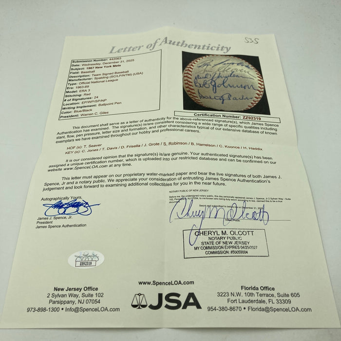 1967 New York Mets Team Signed NL Giles Baseball Tom Seaver Rookie JSA COA