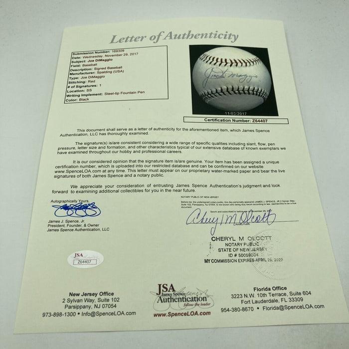 1940's Joe Dimaggio Playing Days Signed Dimaggio Model Baseball JSA COA