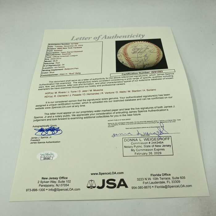 2002 New York Yankees Team Signed Baseball Derek Jeter Mariano Rivera JSA COA