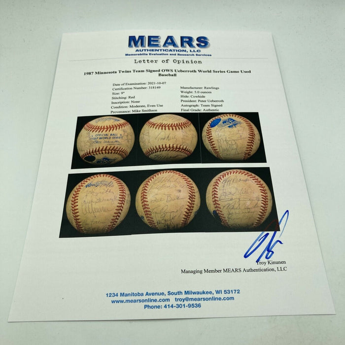 1987 Minnesota Twins Team Signed Game Used World Series Baseball PSA DNA & MEARS