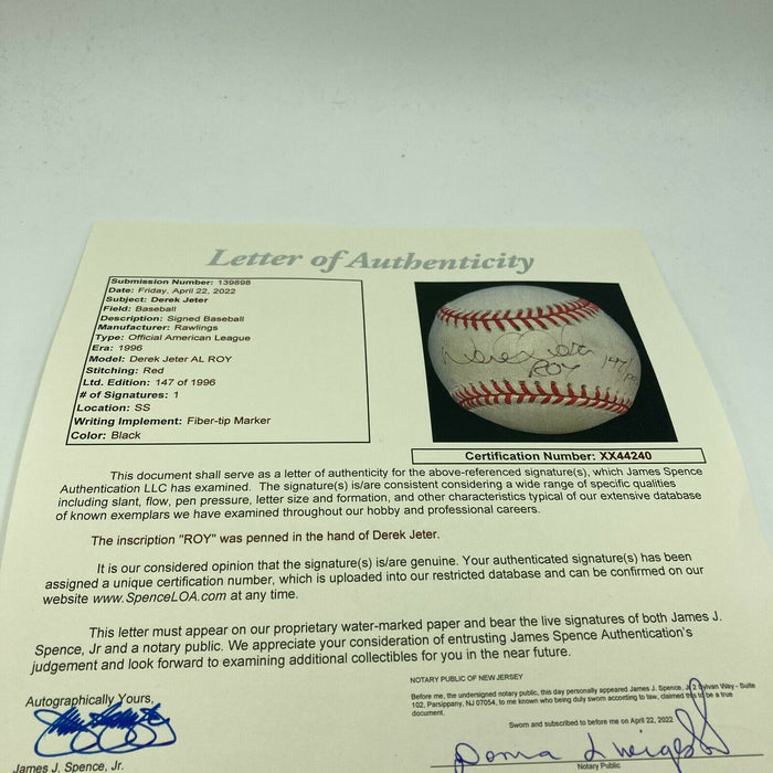 Derek Jeter Rookie Of The Year 1996 Signed Inscribed Baseball With JSA COA