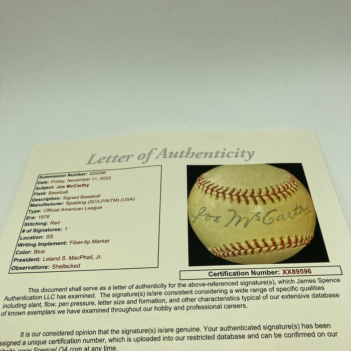 Beautiful Joe Mccarthy Single Signed American League Baseball JSA COA