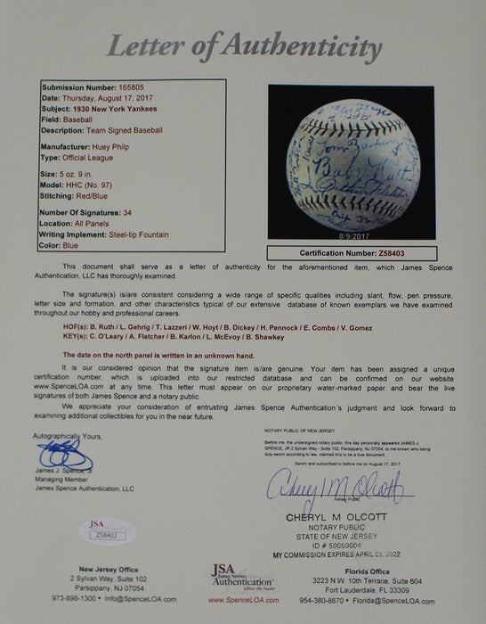 The Finest 1930 NY Yankees Team Signed Baseball Babe Ruth & Lou Gehrig JSA COA