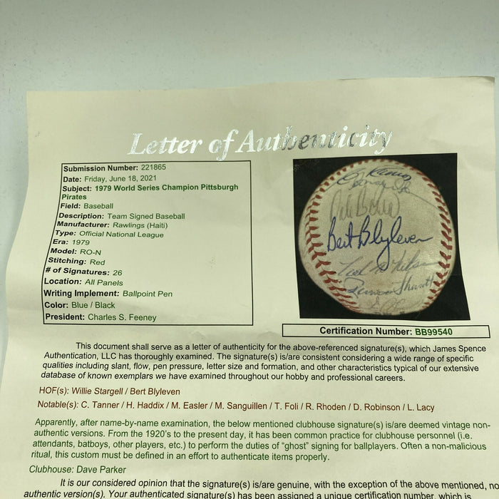 1979 Pittsburgh Pirates World Series Champs Team Signed NL Baseball JSA COA