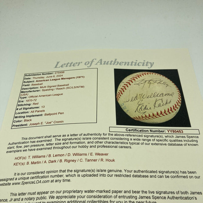 1971 MLB Managers Signed Baseball 13 Sigs Ted Williams Billy Martin JSA COA