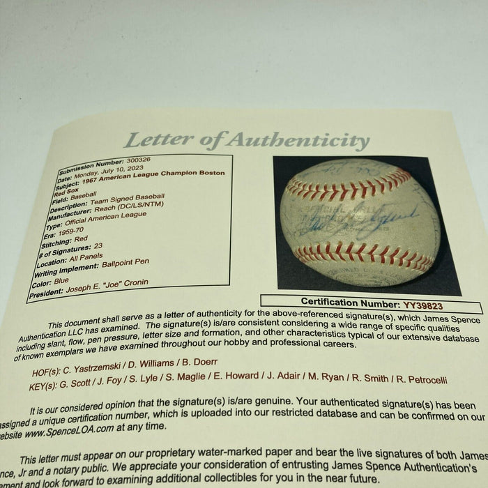 1967 Boston Red Sox AL Champs Team Signed American League Baseball With JSA COA