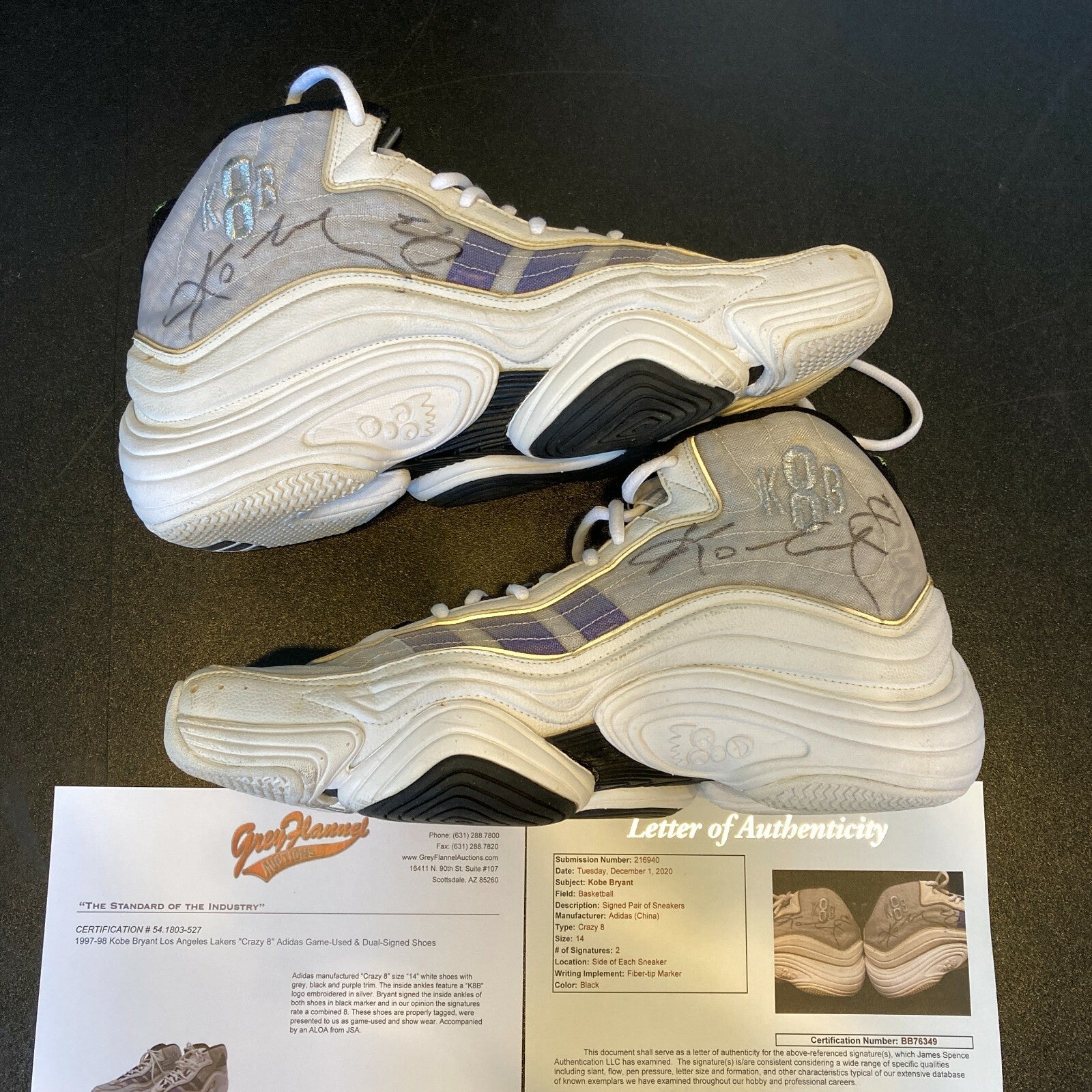 1997-98 Kobe Bryant Game Used Signed Crazy Adidas Shoes Sneakers With JSA COA