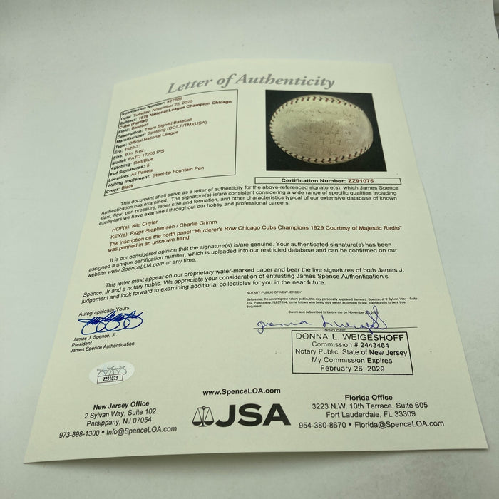 1929 Chicago Cubs Murderer’s Row Signed Baseball JSA COA