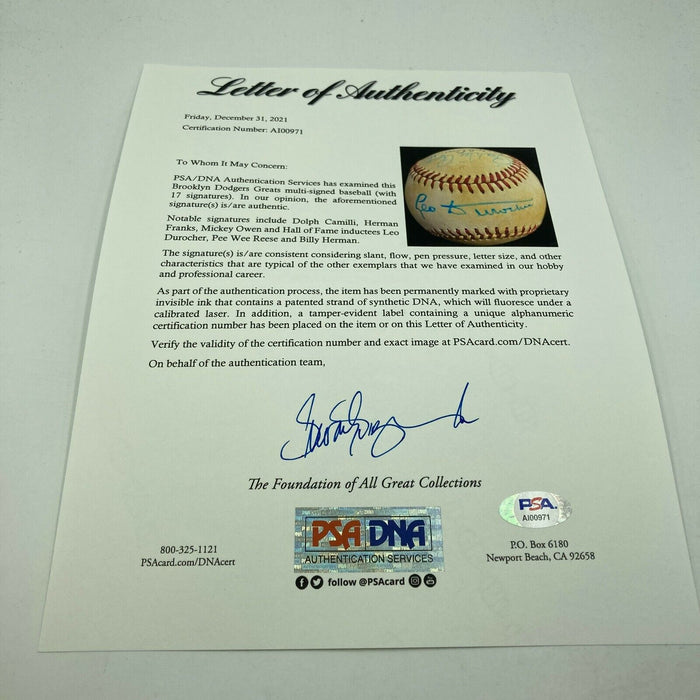 1940's Brooklyn Dodgers Legends Signed Baseball Leo Durocher Pee Wee Reese PSA