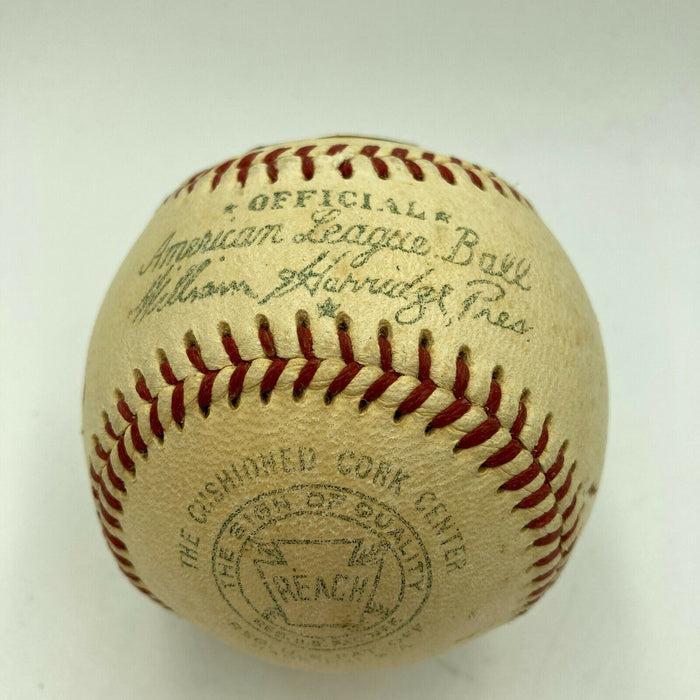 Beautiful Jim Hegan Signed 1950's American League Harridge Baseball PSA DNA COA