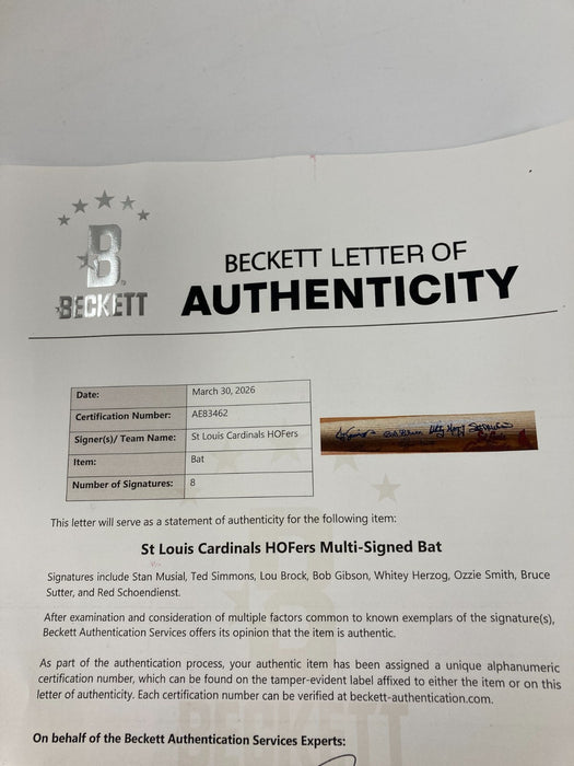 St. Louis Cardinals HOF Legends Signed Bat Stan Musial 8 Sigs Beckett COA