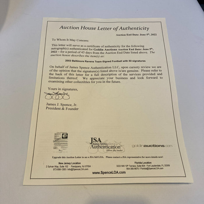 2003 Baltimore Ravens Team Signed Wilson NFL Football JSA COA #4