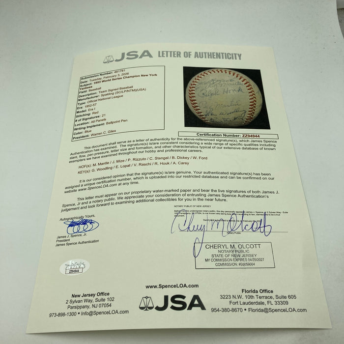 1953 New York Yankees World Series Champs Team Signed Baseball Mickey Mantle JSA