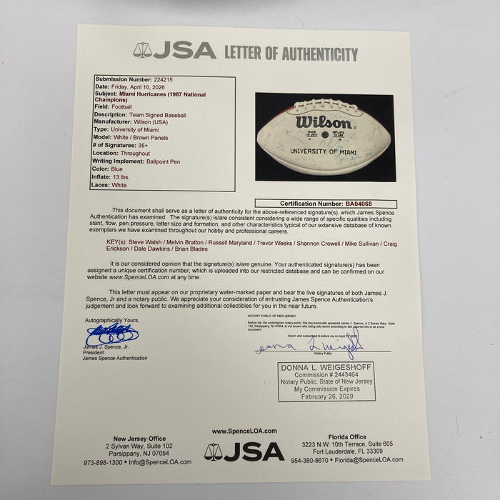 1987 Miami Hurricanes NCAA National Champions Team Signed Football JSA COA