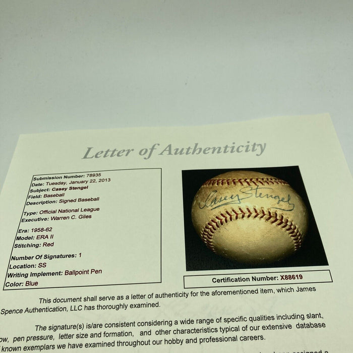 Casey Stengel Single Signed 1950's Game Used National League Baseball JSA COA