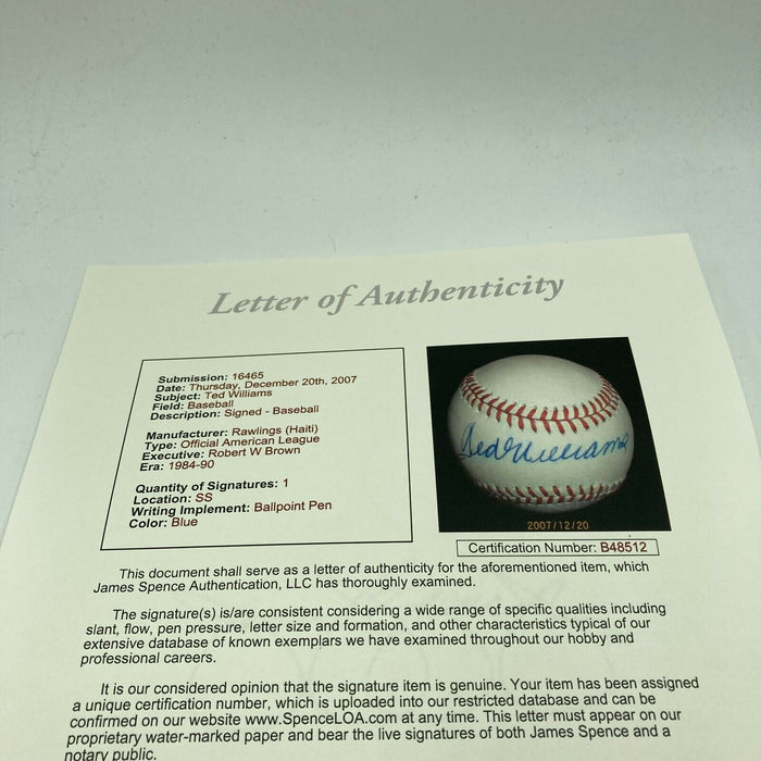 Mint Ted Williams Signed Official American League Baseball JSA COA Beautiful