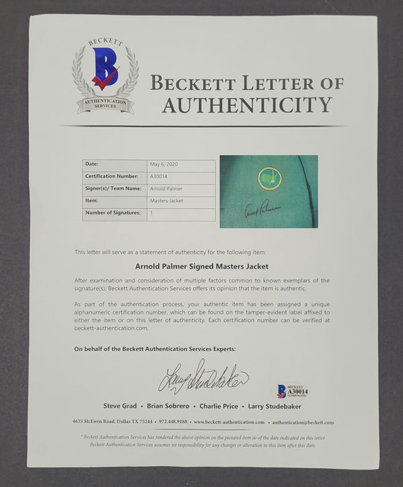 Arnold Palmer Signed Green Golf Jacket The Masters PGA PSA DNA JSA Beckett COA