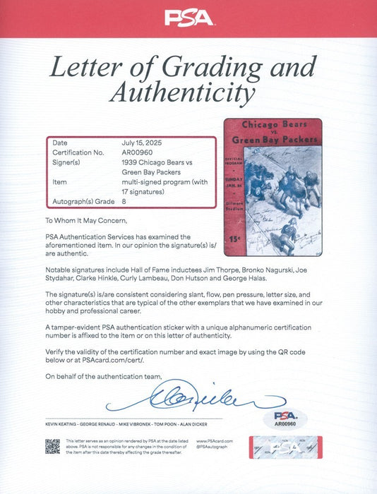 1939 Packers NFL Champs Team Signed Program Curly Lambeau & Jim Thorpe PSA DNA