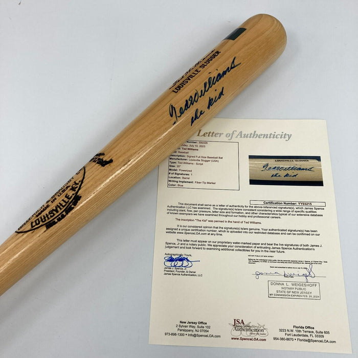 Beautiful Ted Williams "The Kid" Signed Inscribed Game Model Bat With JSA COA