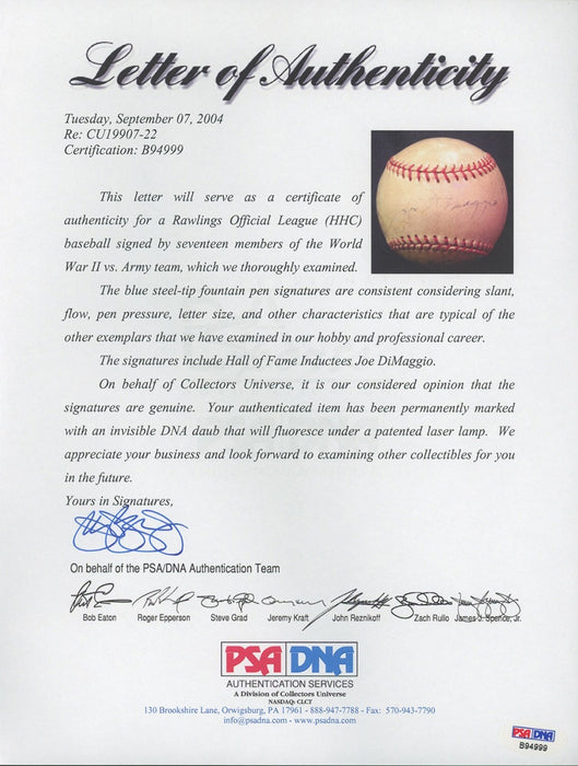 Joe Dimaggio Signed 1944 World War 2 VS. Army Team Signed Baseball PSA DNA COA