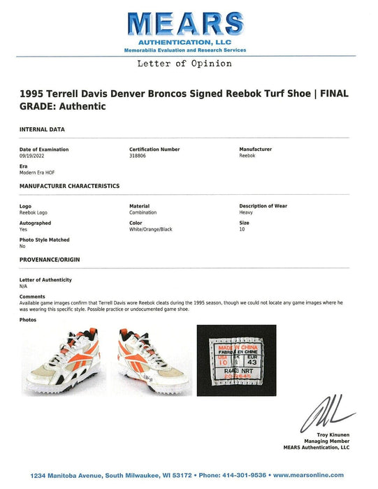 Terrell Davis Signed Rookie Season 1995 Game Used Shoe Sneaker JSA & MEARS COA