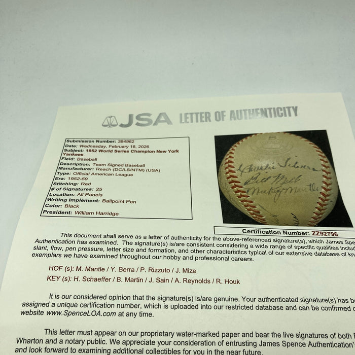 1952 New York Yankees World Series Champs Team Signed Baseball Mickey Mantle JSA