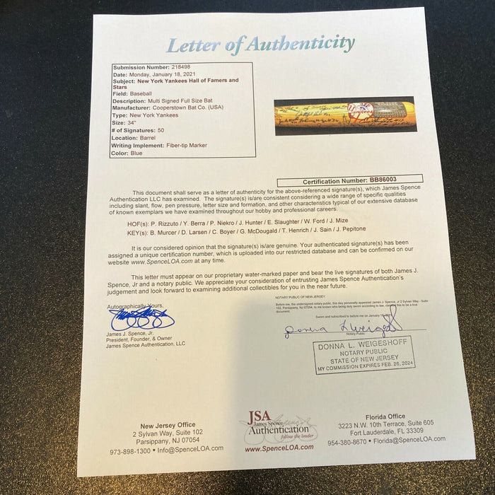 Beautiful New York Yankees HOF Legends Signed Baseball Bat With 50 Sigs! JSA COA