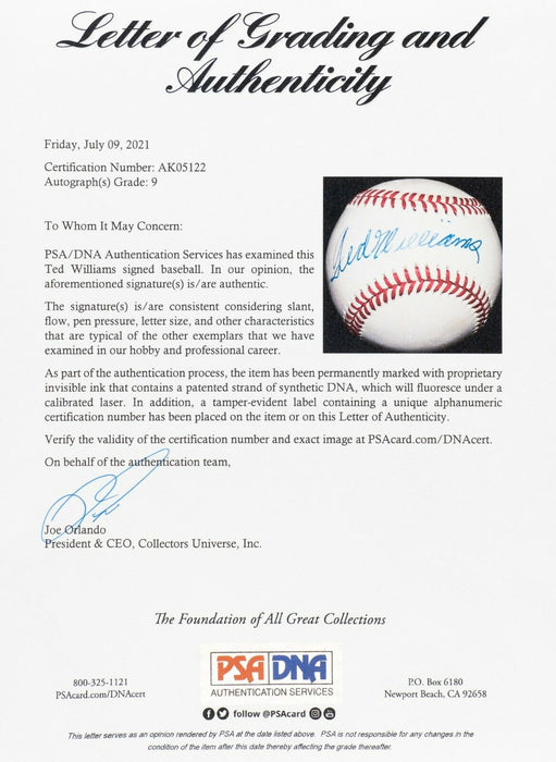 Beautiful Ted Williams Signed American League Baseball PSA DNA Graded MINT 9