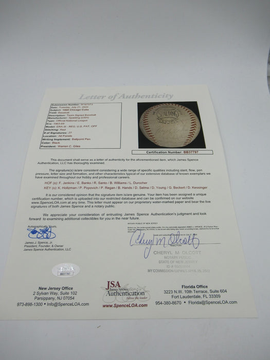 1969 Chicago Cubs Team Signed Official NL Baseball Ernie Banks Ron Santo JSA COA