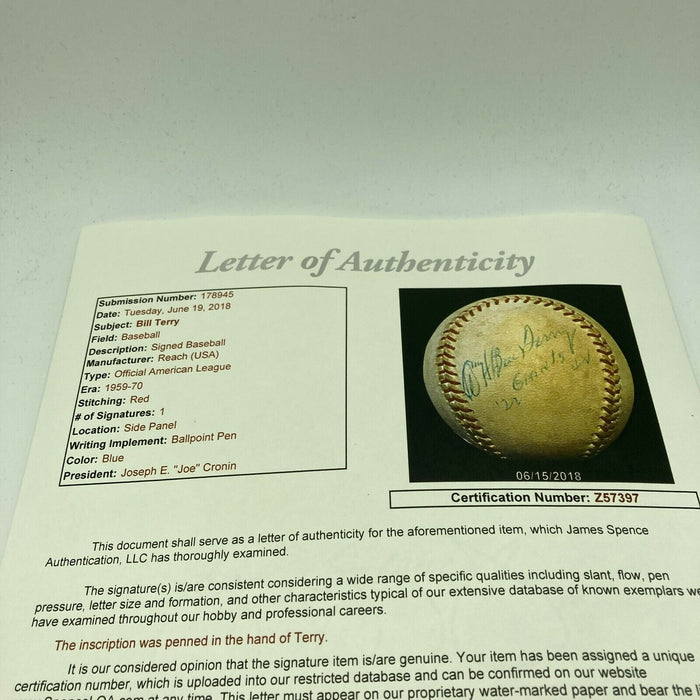 Bill Terry "Giants 1922-1942" Signed National League Ford Frick Baseball JSA COA