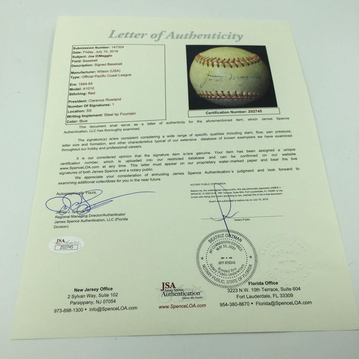 Rare 1944 Joe Dimaggio Playing Days Signed Pacific Coast League Baseball JSA