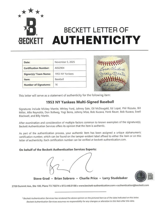 1953 New York Yankees World Series Champs Team Signed Baseball Mickey Mantle BAS