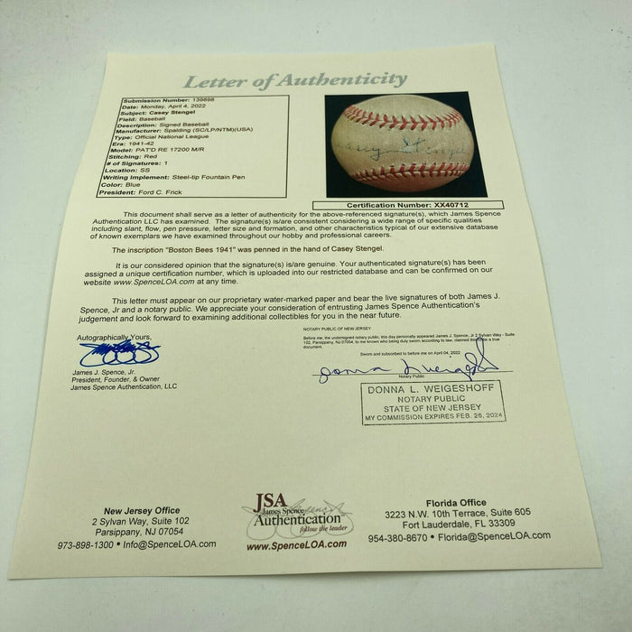 Earliest Known Casey Stengel 1941 Single Signed National League Baseball JSA COA